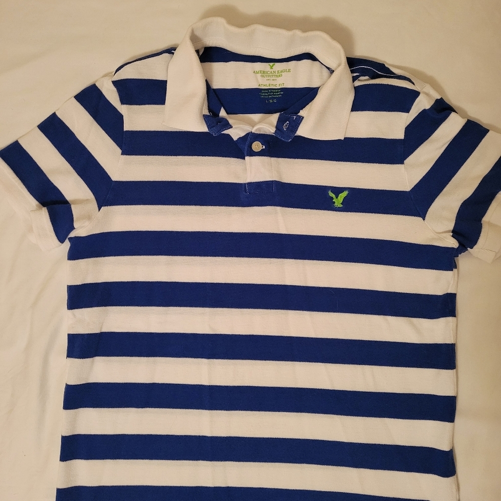 American Eagle Outfitters Mens Athletic Fit Polo Blue & White Stripe Size Large